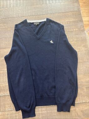 Express Men's Navy V-Neck Sweater with Embroidered Logo 100% Cotton